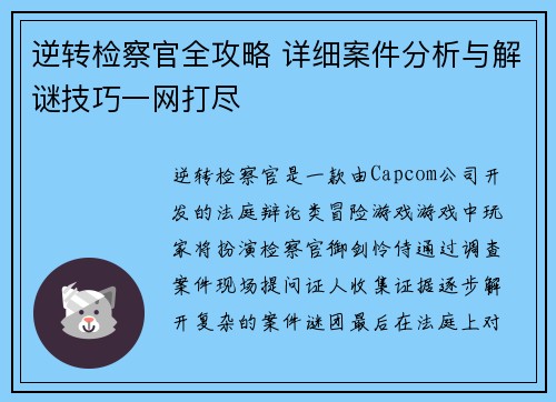 逆转检察官全攻略 详细案件分析与解谜技巧一网打尽 逆转检察官全攻略 详细案件分析与解谜技巧一网打尽